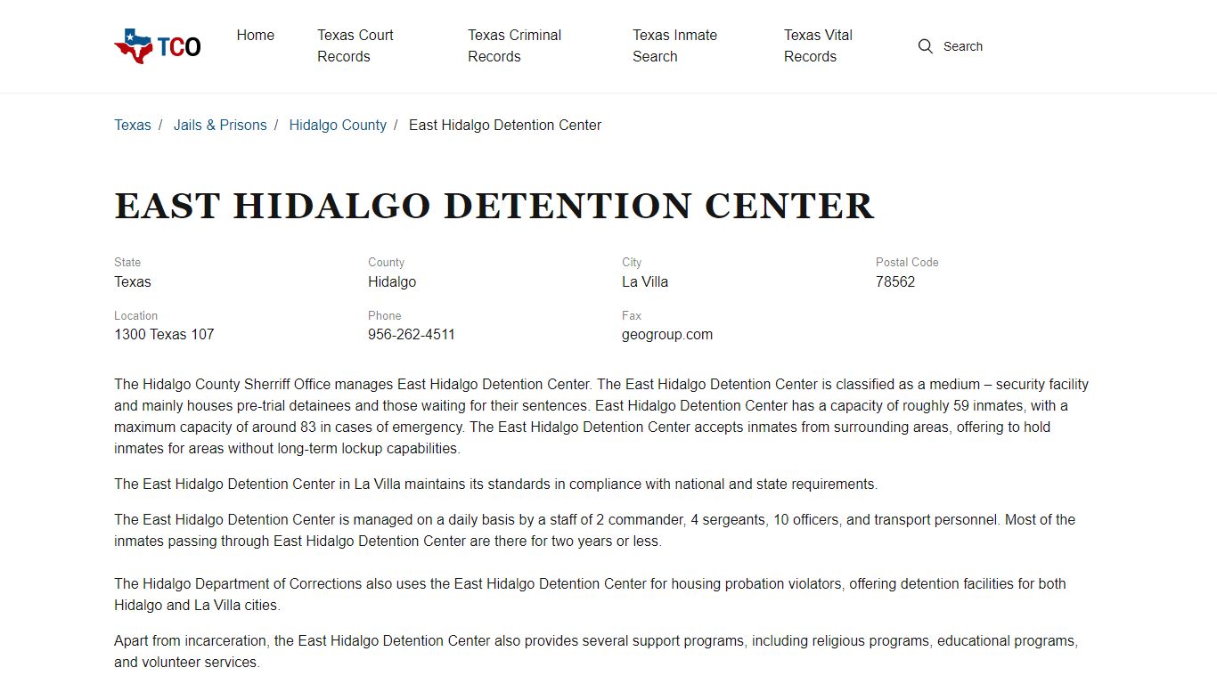 East Hidalgo Detention Center in La Villa, TX - Contact Information and ...